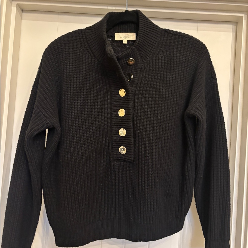 SEZANE “Lucas Jumper” 3/4 Button-Up Sweater Black with Gold Buttons